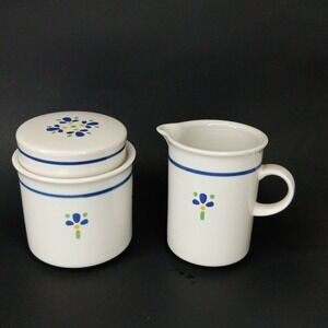 Vintage Avon Blue Floral Ceramic Creamer and Lidded Sugar Bowl Set White